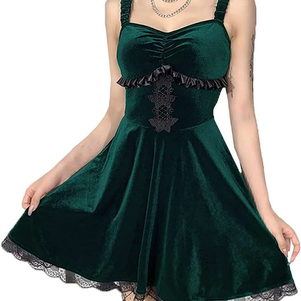 Gothic Retro Green Velvet Butterflies Patchwork Steampunk Party Dress SIZE L NEW